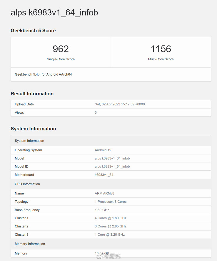 Dimensity 9000 con overclocking en Geekbench (imagen vía Weibo)