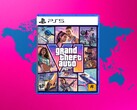 Se muestra la caja de GTA 6 para PS5 con un mapa del mundo