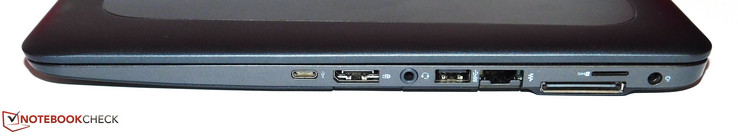 right: USB 3.1 Gen1 Type-C, DisplayPort, SD card reader, audio combo, USB  3.0 Type-A, ethernet, docking port, SIM slot, power
