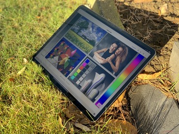 Usando la tercera generación de iPad Pro 12.9 en el exterior bajo el sol de otoño.