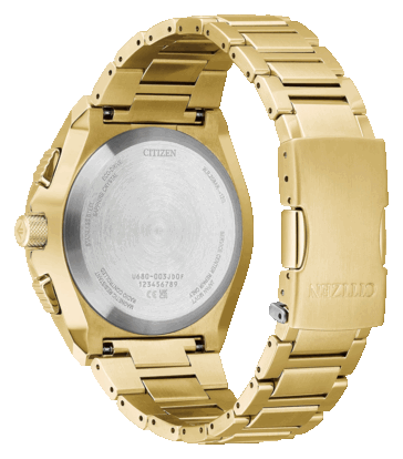 Vista trasera del Citizen Promaster Skyhawk A-T JY8144-50E, en la que se aprecia su fondo de caja de acero inoxidable con las marcas Promaster y Eco-Drive.
