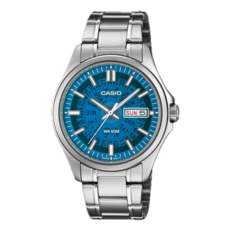 Casio MTP-E740-2A2V, con una esfera translúcida de color azul brillante.