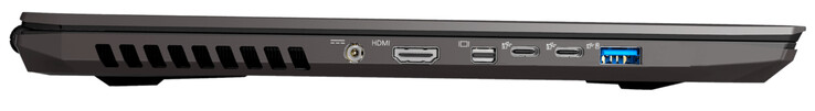 Lado izquierdo: alimentación, HDMI 2.0, Mini DisplayPort 1.4 (compatible con G-Sync), 2x USB 3.2 Gen 2 (Tipo C), USB 3.2 Gen 1 (Tipo A)