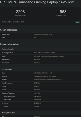 Ultra 5 125H (fuente de la imagen: Geekbench)