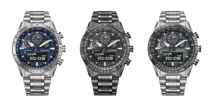 De izquierda a derecha, los Citizen Promaster Sky JV2000-51L, JV2005-58E y JV2006-55H. (Fuente de la imagen: Citizen)