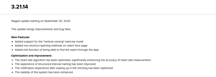 Las notas de la versión de software 3.21.14 para el Suunto Run. (Fuente de la imagen: Suunto)