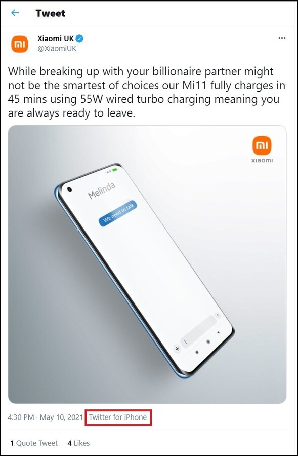 Tuit de carga del Xiaomi Mi 11 enviado desde un iPhone. (Fuente de la imagen: @XiaomiUK vía @MaxWinebach)