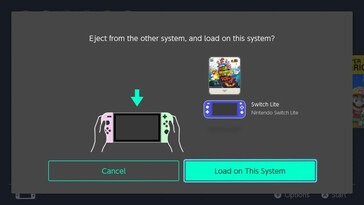 Pantalla de Nintendo Switch en la que se pregunta "¿Expulsar de la otra consola y cargar en esta?" con la tarjeta de juego virtual de Super Mario 3D World + Bowser's Fury mostrada junto a un icono de Switch Lite y otro de Switch OLED.