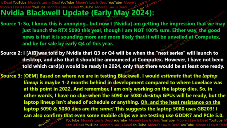 Rumores sobre las SKU de portátiles Nvidia Blackwell (imagen vía Moore's Law is Dead en YouTube)