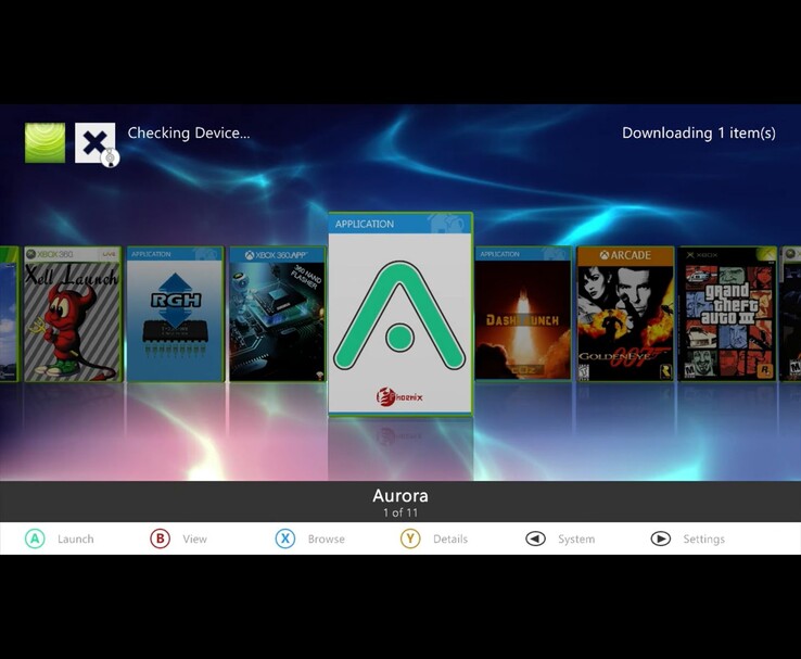 Menú homebrew de Xbox 360 mostrando el icono de Aurora dashboard seleccionado, con otras aplicaciones y juegos como XeLL Launch, RGH, Dash Launch, GoldenEye 007 y Grand Theft Auto III visibles en segundo plano. (Fuente de la imagen: MrMario2011 en YouTube)