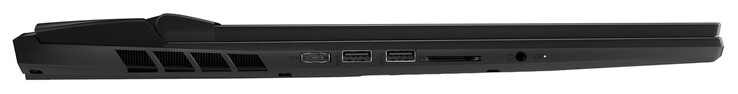 A la izquierda: puerto de carga, 2 USB 3.2 Gen 2 (USB-A), lector de tarjetas SD, conector combinado de micrófono y auriculares