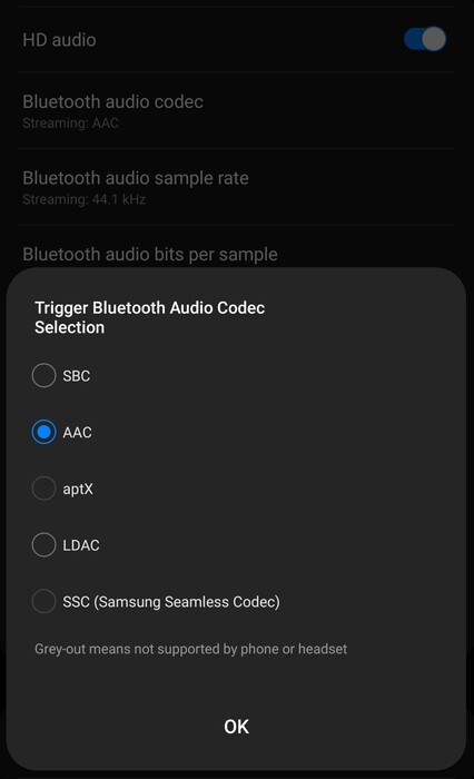 La gama de códecs de audio Bluetooth disponibles también parece decepcionante en el Galaxy S23 Ultra.