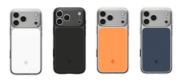 El Ultra Hybrid T está disponible en tres opciones de color que combinan con el iPhone 17 Pro (Max), además de una variante extra en negro. (Fuente de la imagen: Spigen, editado)