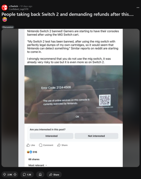 Switch 2 Prohibición de Nintendo Switch Online por el uso de cartuchos flash Mig (Fuente de la imagen: Switch subreddit)