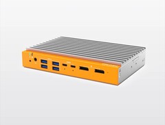 El mini PC sin ventilador OnLogic Helix 320 puede equiparse con una CPU Intel de hasta 8 núcleos y cuenta con una estructura de aluminio en color plateado y un acabado naranja en la parte frontal
