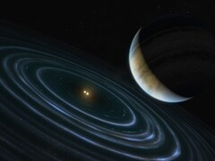 Una ilustración artística en la que se muestra un planeta azul y dos estrellas.