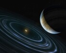 Una ilustración artística en la que se muestra un planeta azul y dos estrellas.