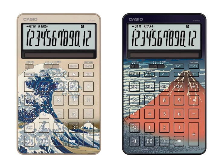 Las calculadoras Casio JF-M200-TJ-KHK (izquierda) y JF-M200-TJ-KHG (derecha) inspiradas en Hokusai. (Fuente de la imagen: Casio)