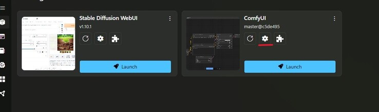 Una captura de pantalla del centro de paquetes de Stability Matrix con los ajustes resaltados en rojo en el mosaico de ComfyUI. (Fuente de la imagen: Captura de pantalla de Windows)