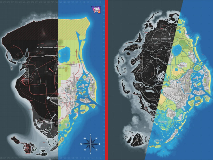 Comparación entre la versión 15 (izquierda) y la versión 16 (derecha) del mapa de la comunidad de Grand Theft Auto VI.