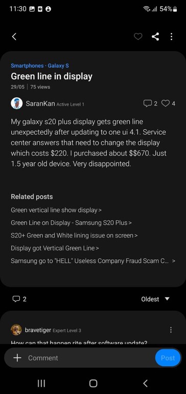 Los usuarios se quejan de los problemas de visualización de Galaxy S20 Plus en Samsung Members (imagen vía propia)