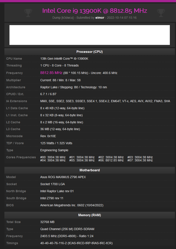 El Intel Core i9-13900K alcanza los 8,8 GHz (imagen vía HWbot)