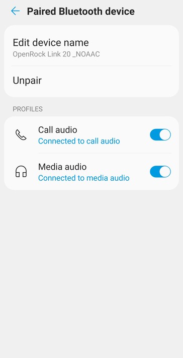 Si añade '_NOAAC' al nombre del OpenRock Link 20 en los ajustes Bluetooth de Android, los auriculares utilizarán el códec de audio SBC en lugar de AAC. (Fuente de la imagen: Notebookcheck)