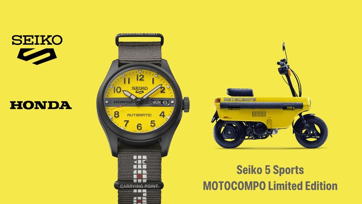 Infografía en la que se muestra el Seiko 5 Sports Field x Honda Motocompo junto a la motocicleta Motocompo.