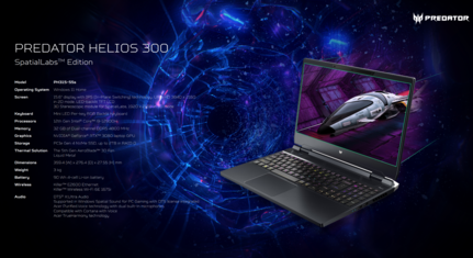 Acer Predator Helios 300 SpatialLabs Edition - Especificaciones. (Fuente de la imagen: Acer)