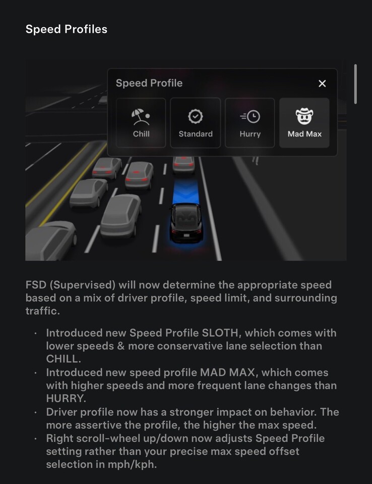 Changelog de la última actualización FSD 14.1.2 con el perfil de conducción Mad Max. (Fuente de la imagen: Tesla)