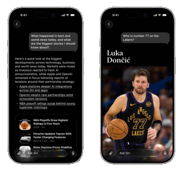 Se puede acceder a la vista de conversación deslizando el dedo hacia abajo desde un resultado de Siri o dentro de la aplicación Siri e incluye tarjetas de información para resultados como noticias y datos sobre el dispositivo (izquierda).