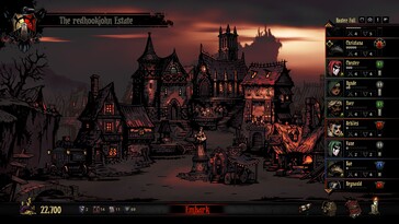Una imagen que muestra una ciudad en Darkest Dungeon.