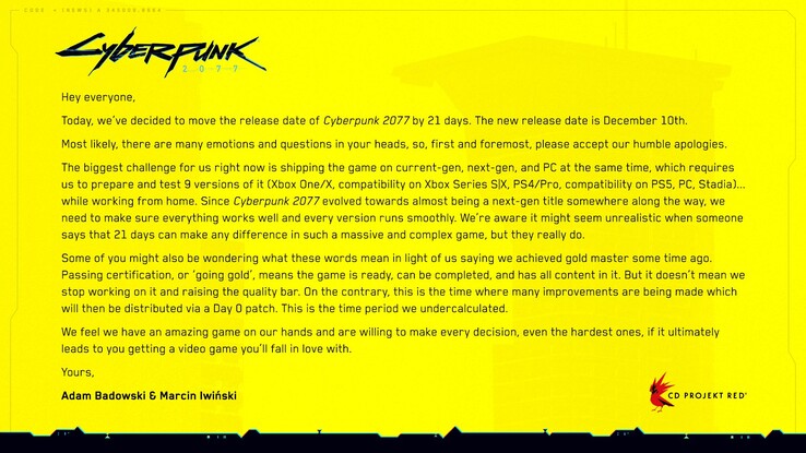 El Cyberpunk 2077 seguirá llegando en el 2020, en el lado positivo. (Fuente de la imagen: CD Projekt Red)