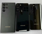 El Galaxy S22 Note, el Galaxy S22 Plus y el Galaxy S22 de izquierda a derecha. (Fuente de la imagen: @heyitsyogesh)