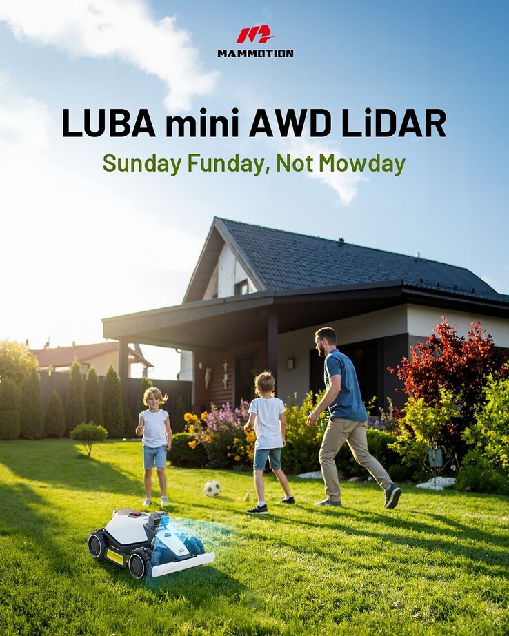 Un cartel del robot cortacésped Mammotion Luba mini AWD LiDAR compartido en las redes sociales. (Fuente de la imagen: Mammotion)