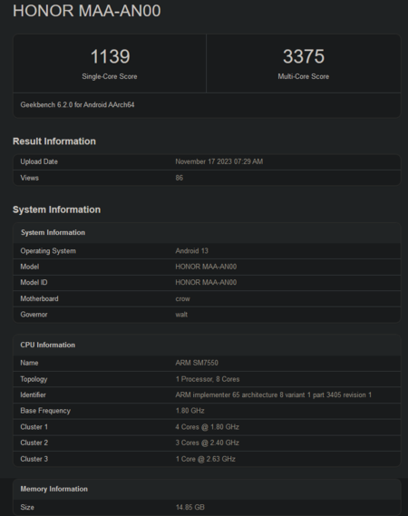 Puntuación en Geekbench del Snapdragon 7 Gen 3 (imagen vía Geekbench)