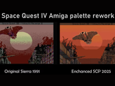 Una captura de pantalla en la que se comparan las ofertas originales de Sierra de Space Quest frente a sus ports mejorados de SCP 2025 gracias a una reelaboración de las paletas (fuente de la imagen: annouk33)