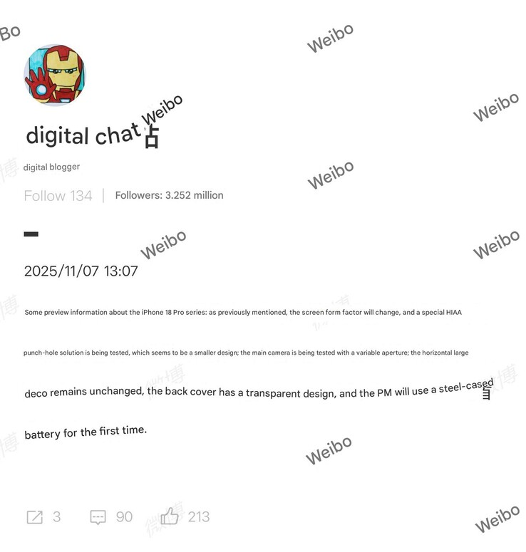 Rumor sobre el hardware del IPhone 18 Pro. (Fuente de la imagen: Digital Chat Station)