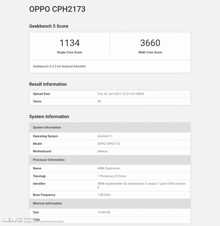 La OPPO CPH2173 también parece tener Android 11 y 12GB de RAM. (Fuente: Geekbench vía SlashLeaks)