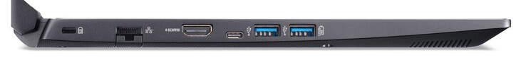Lado izquierdo: ranura de bloqueo de cable, Gigabit Ethernet, HDMI, 3x USB 3.2 Gen 1 (1x Tipo C, 2x Tipo A)