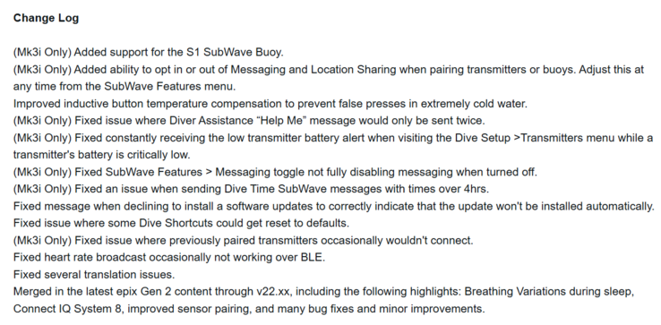 El registro de cambios del software de sistema 22.07 para el Descent Mk3 y Mk3i. (Fuente de la imagen: Garmin)