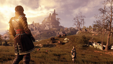 Una imagen que muestra un paisaje y dos personajes en GreedFall.