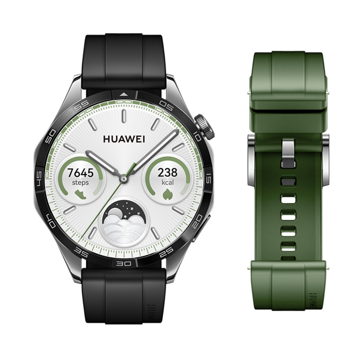 El Huawei Watch GT 4 Spring Edition Correa de fluoroelastómero negra de 46 mm + Correa de fluoroelastómero verde abeto 2 en 1. (Fuente de la imagen: Huawei)