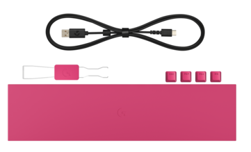 El contenido de la caja incluye un reposamanos, un extractor de teclas, un cable desmontable de 1,8 m de USB-A a USB-C, teclas separadas y el propio teclado.