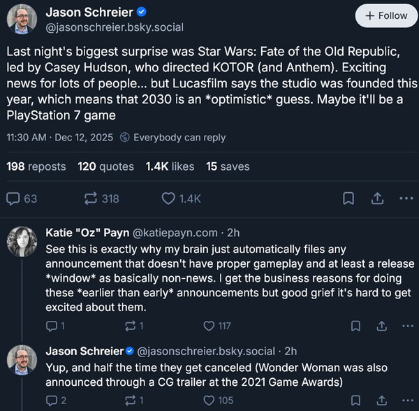 Predicción de Jason Schreier sobre la fecha de lanzamiento de Star Wars: Fate of the Old Republic (Fuente de la imagen: captura de pantalla, cuenta de Bluesky de Jason Schreier)