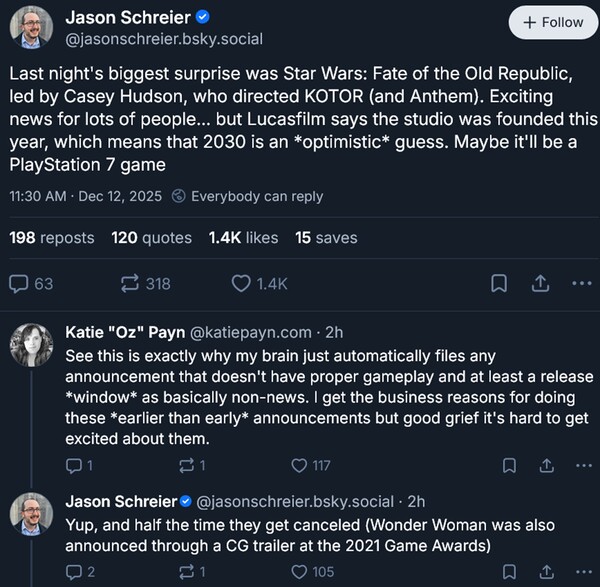 Predicción de Jason Schreier sobre la fecha de lanzamiento de Star Wars: Fate of the Old Republic (Fuente de la imagen: captura de pantalla, cuenta de Bluesky de Jason Schreier)