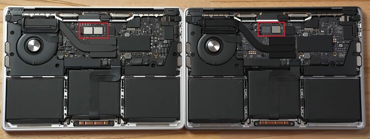 MBP M1 con dos chips NAND (L) y MBP M2 con uno (R) - modelos de 256 GB. (Fuente de la imagen: Max Tech - editado)