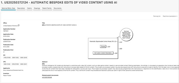 Patente de Sony para una herramienta de censura por IA (Fuente de la imagen: captura de pantalla, base de datos Wipo)