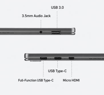 Puertos de la tableta Acer A543, entre los que se incluyen USB-C, USB-A y Micro HDMI