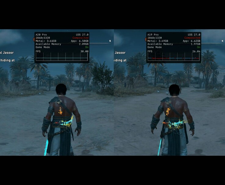 Assassin’s Creed Mirage ejecutándose en el iPhone 18 Pro Max y el iPhone 17 Pro Max, mostrando la diferencia de FPS.